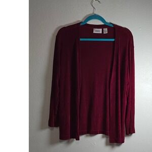 Chicos Travelers Burgundy Open Front Cardigan Slinky Knit Jacket Size 2 Large